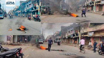 वीरगञ्ज सडक विस्तारको विरोधमा व्यापारीहरूको प्रदर्शन, टायर बालेर बन्द आह्वान