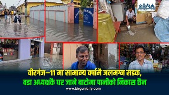 वीरगंज–११ मा सामान्य वर्षामै जलमग्न सडक, वडा अध्यक्षकै घर जाने बाटोमा पानीको निकास छैन