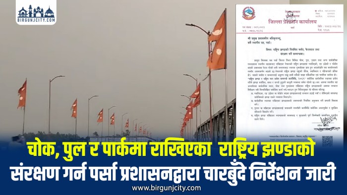 चोक, पुल र पार्कमा राखिएका झण्डाको संरक्षण गर्न स्थानीय तहलाई प्रशासनको निर्देशन